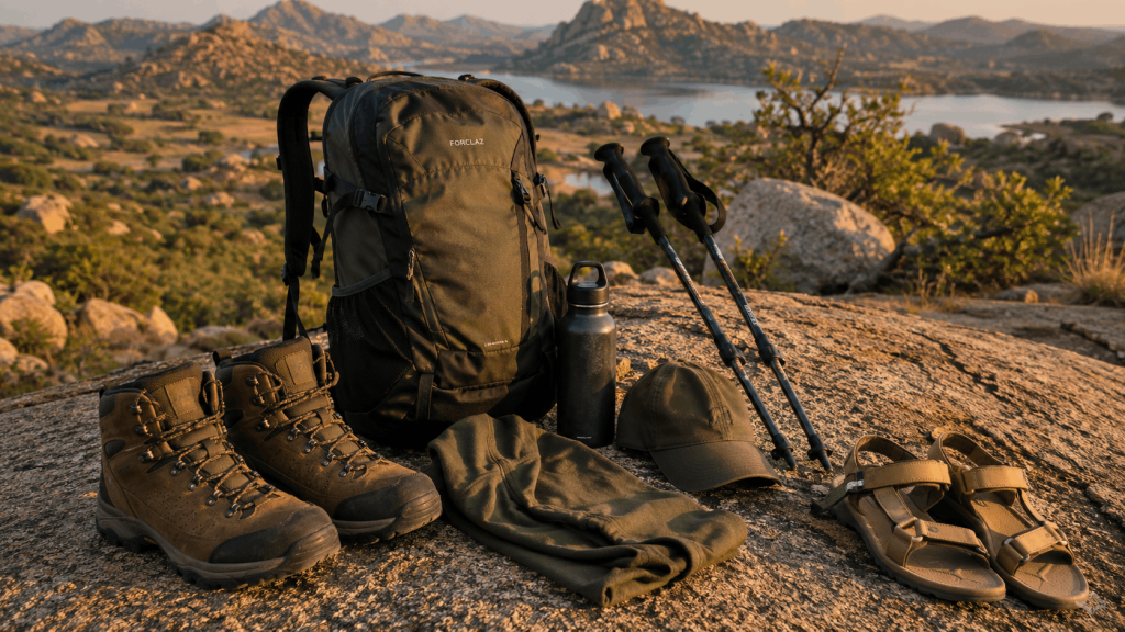 Hiking shoes, backpack and trekking gear for Jawai hills