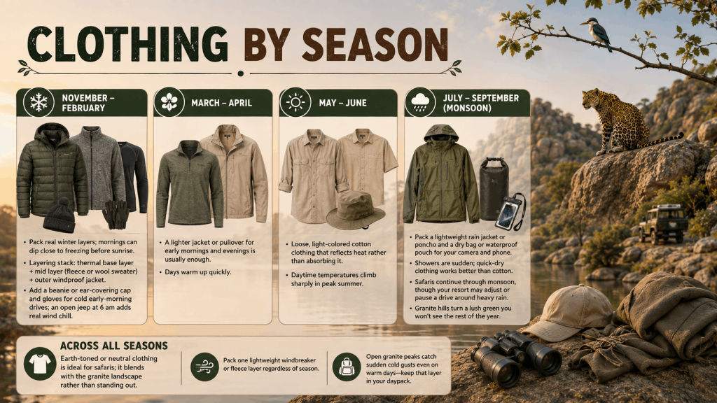 Clothing by season for a Jawai safari including winter, summer and monsoon wear