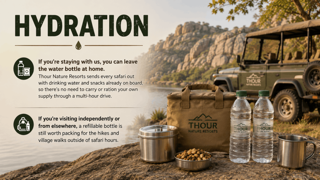 Hydration essentials for a Jawai safari with drinking water and snacks